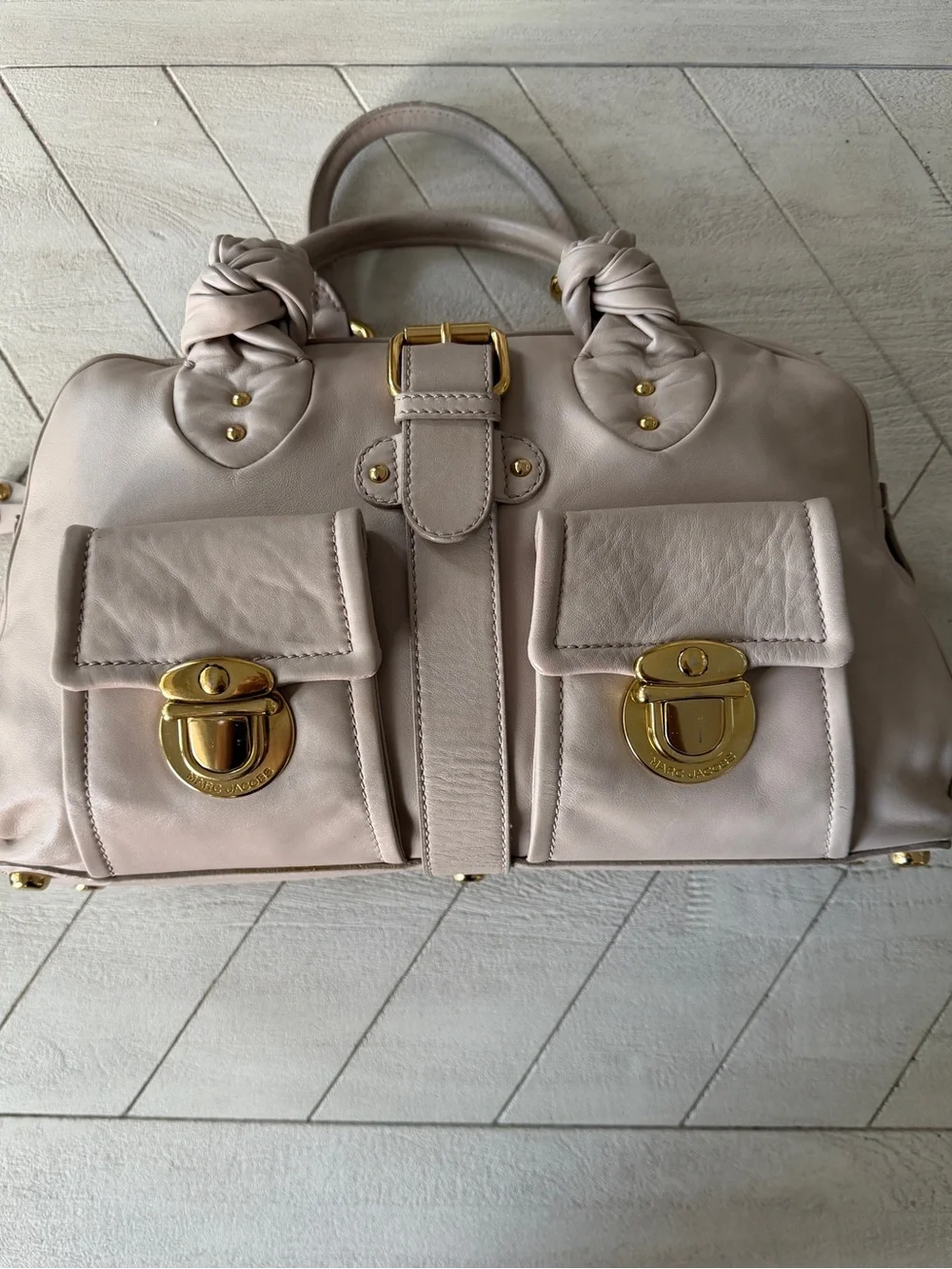 Marc Jacobs Ivory Leather Satchel Gold Hardware Double Pocket Purse Bag